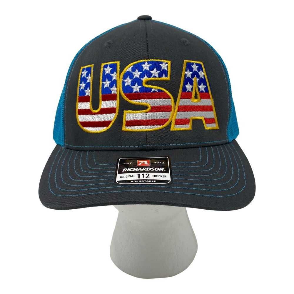 Richardson 112 Trucker Hat USA Flag Gray Blue Patriotic Snapback Mesh Cap New